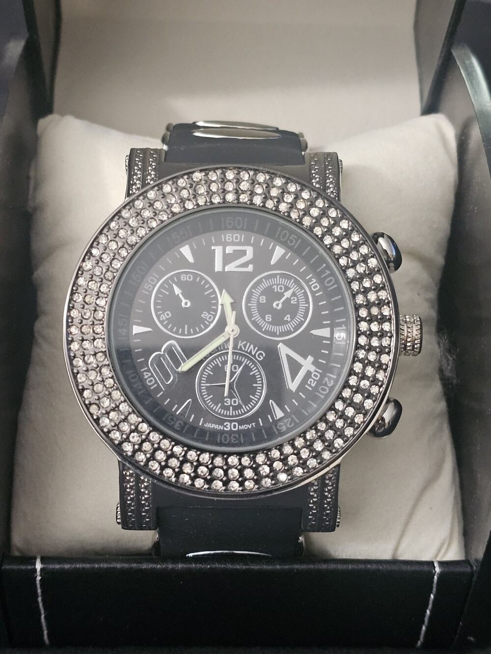 58.8mm LARGE Quartz Analog Watch Metal Tone with black Silicone bullet band